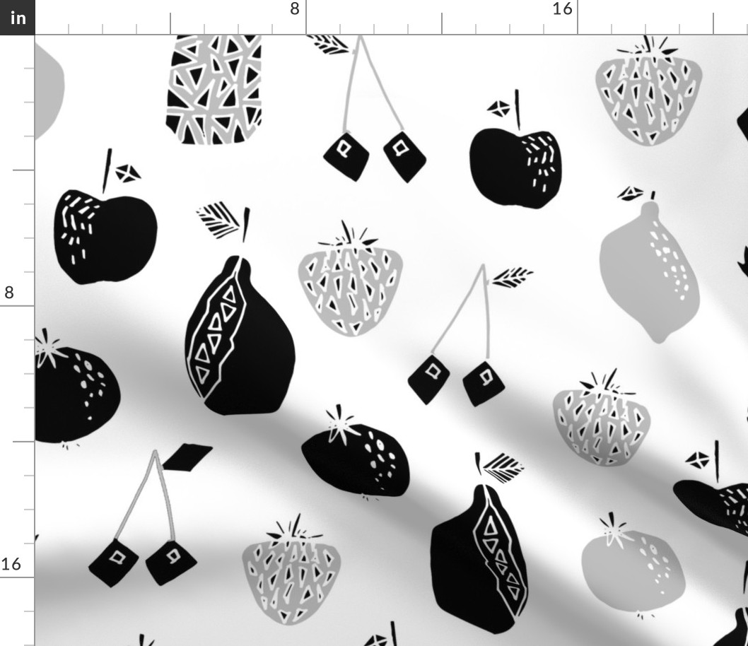 LARGE - Fruits fabric - black and white fruits fabric, fruit pattern, fruits,, pineapple fabric