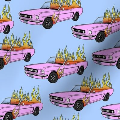 Burning Mustang // Pink Car on Blue