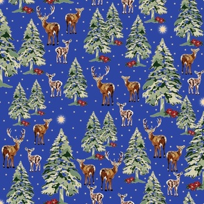 Retro Woodland Holiday Reindeer, Winter Wonderland, Green Christmas Trees, Gold Stars, Poinsettia Holiday Gift 