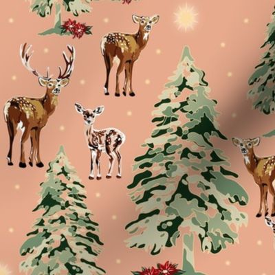 Vintage Winter Woodland Wonderland, Christmas Reindeer, Green Christmas Tree, Gold Stars, Poinsettia Holiday Gift 