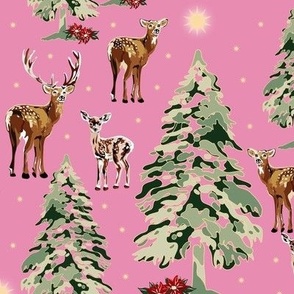 Vintage Woodland Christmas Reindeer, Green Christmas Tree, Gold Stars, Holiday Gift 