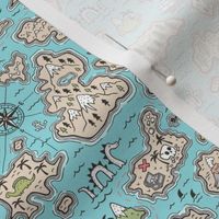 Pirate Adventure Nautical Map with Mountains, Ships, Compass, Trees & Waves in Blue 50% Smaller