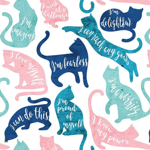 Normal scale // Be like a cat // white background pastel pink blue aqua and teal cat silhouettes with affirmations