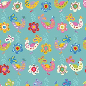 Birds and flowers on a blue background