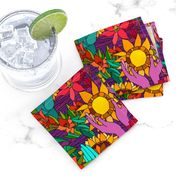 Hands and flowers (hippie pattern sunflowers, gladiolus and 