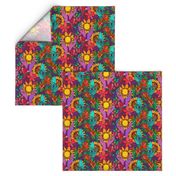 Hands and flowers (hippie pattern sunflowers, gladiolus and 