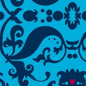  Damask with pink hearts blue on aqua