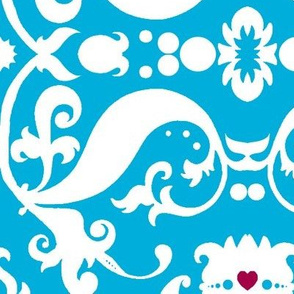  Damask with pink hearts white on light blue