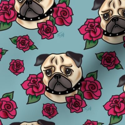 Pugs and Roses- Blue