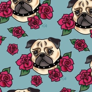 Pugs and Roses- Blue