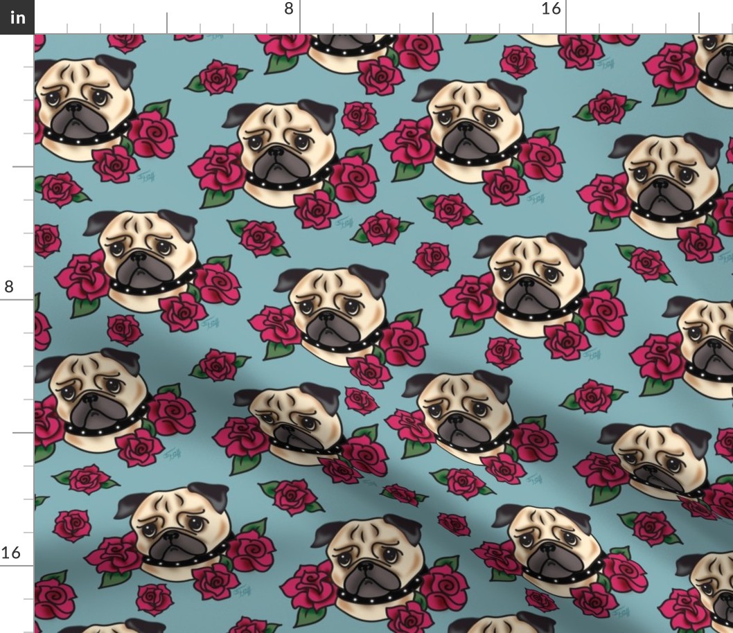 Pugs and Roses- Blue