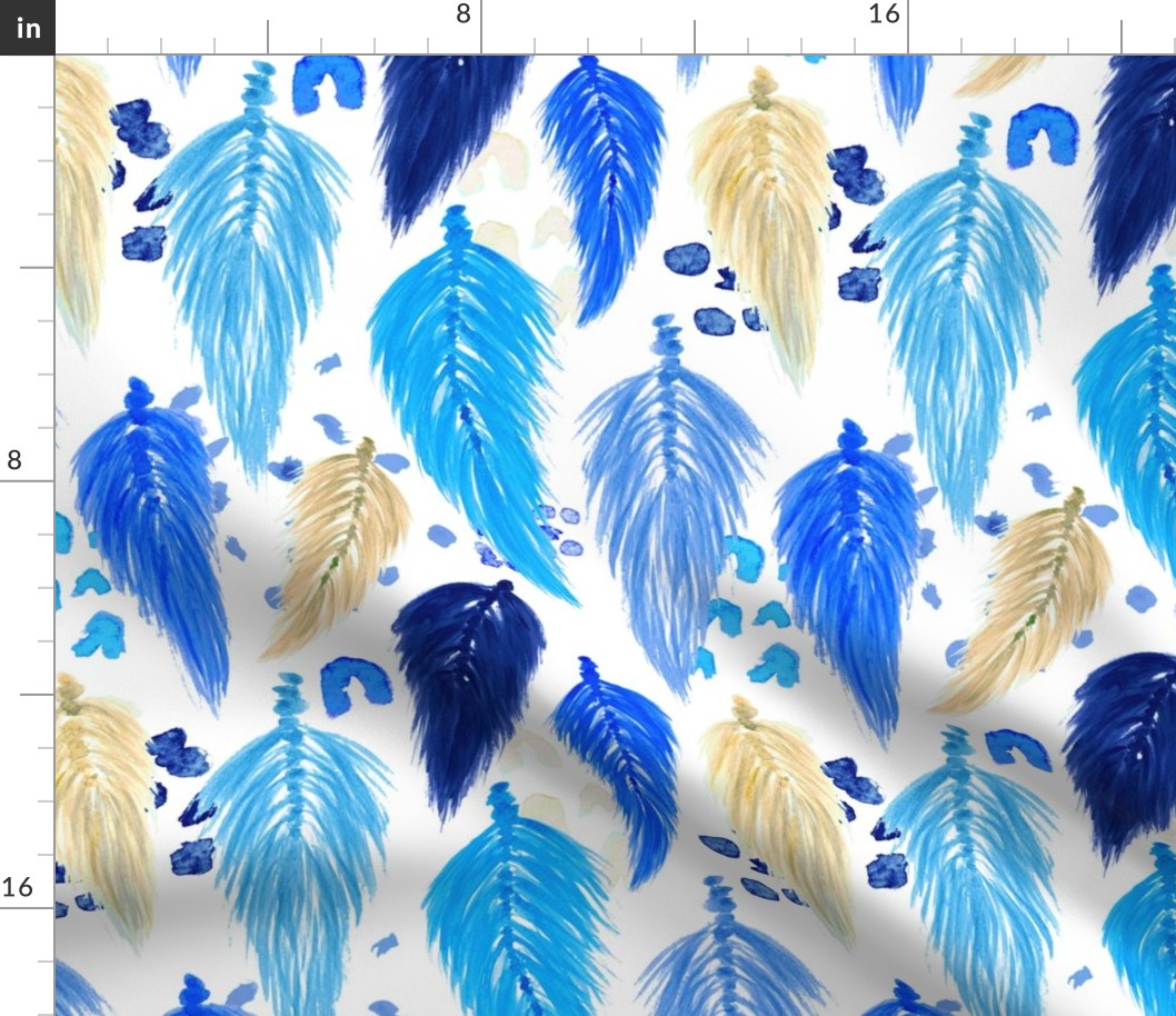 Watercolor Macrame Feathers + Dots in Blue Rainbow