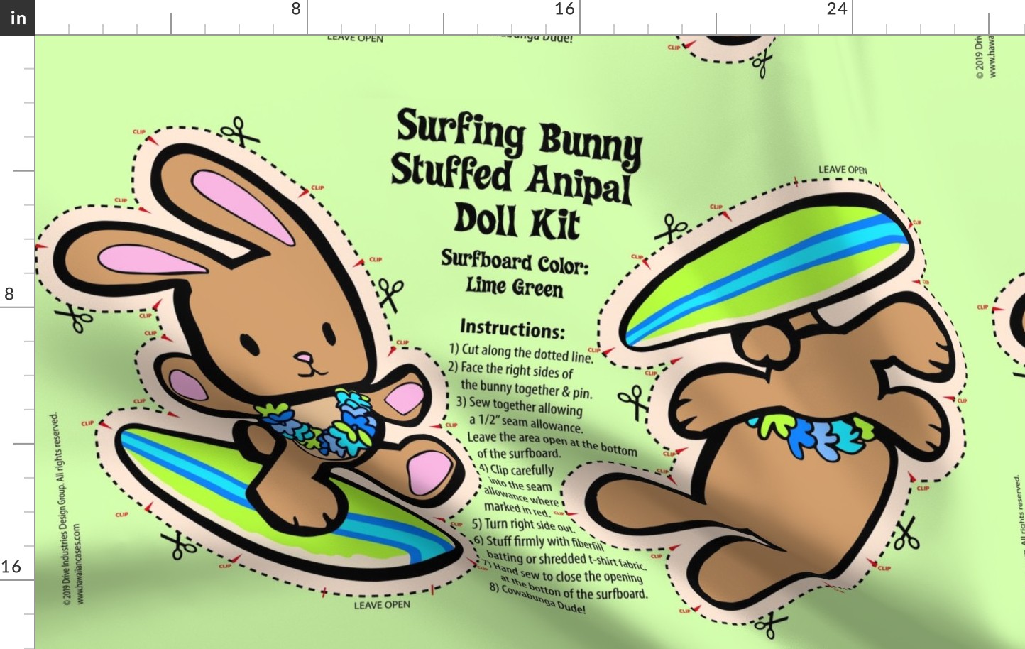Hawaiian Surfing Bunny Doll Kit - Lime Green