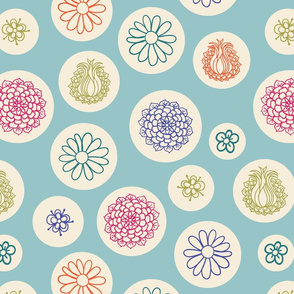 Flowers in bubbles on a light teal background