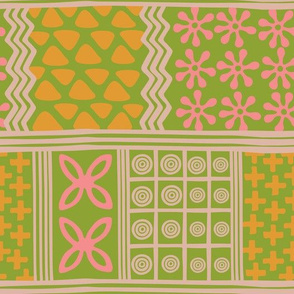 Hand Stamps Abstract Block Print in Yellow Pink White on Green - UnBlink Studio by Jackie Tahara