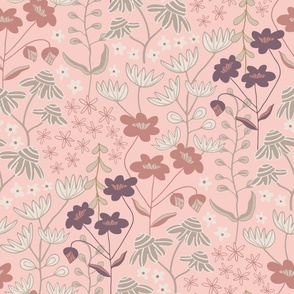 Wildflower Fields Floral Botanical in Dark Mauve Rust Cream Beige on Blush Pink - MEDIUM Scale - UnBlink Studio by Jackie Tahara