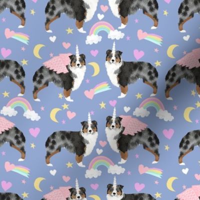 australian shepherd dog unicorn fabric - dog unicorn fabric, blue merle aussie fabric, aussie dog fabric, pastel - periwinkle