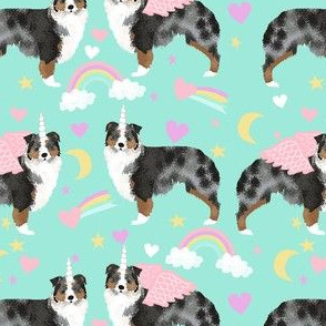 australian shepherd dog unicorn fabric - dog unicorn fabric, blue merle aussie fabric, aussie dog fabric, pastel - mint