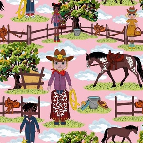 Western Cowboys and Cowgirls on Pink, Horse Riding Ranch Pattern, Wild West Appaloosa Pony Toile