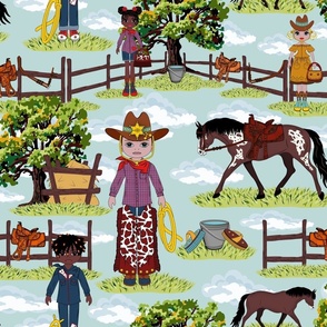 Little Boy Playroom Decor Western Toile for Kids, Equestrian Riding Cowgirl Cowboy Horse Ranch Pattern, Wild West Appaloosa Pony Toile