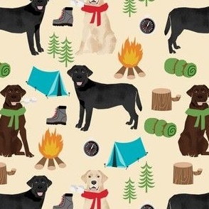 labrador camping fabric - chocolate lab, yellow lab, black lab fabric - dog fabric, dogs - cream