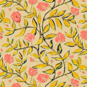 Gold Vines with Pink Flowers on Creamy Beige