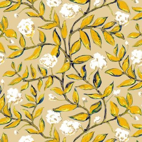 Gold Vines with White Flowers on Creamy Beige