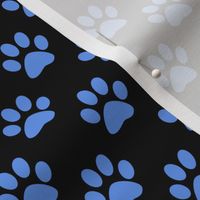 One Inch Cornflower Blue Paw Prints on Black