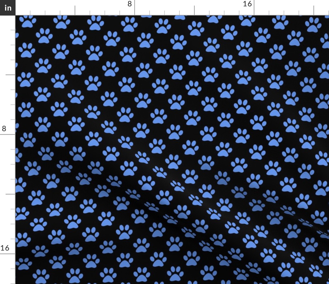 One Inch Cornflower Blue Paw Prints on Black