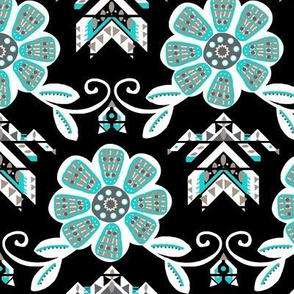 Boho Wildflowers  /turquoise,taupe white on black  