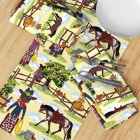 Little Cowboy Kids, Western Cow girl Horse Ranch, Wild West Appaloosa Pony Toile on Lemon Yellow 