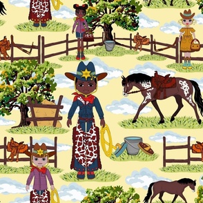 Little Cowboy Kids, Western Cow girl Horse Ranch, Wild West Appaloosa Pony Toile on Lemon Yellow 