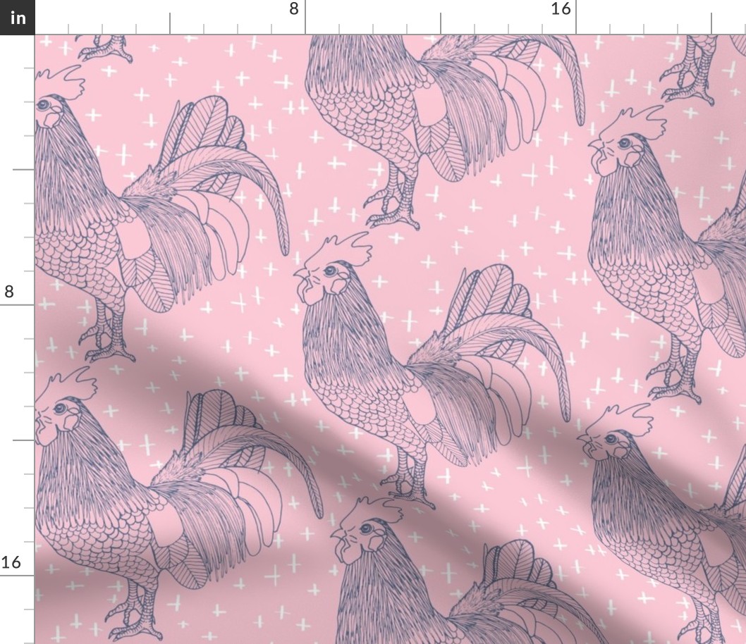 Rooster Outline Pink Blue Crosses