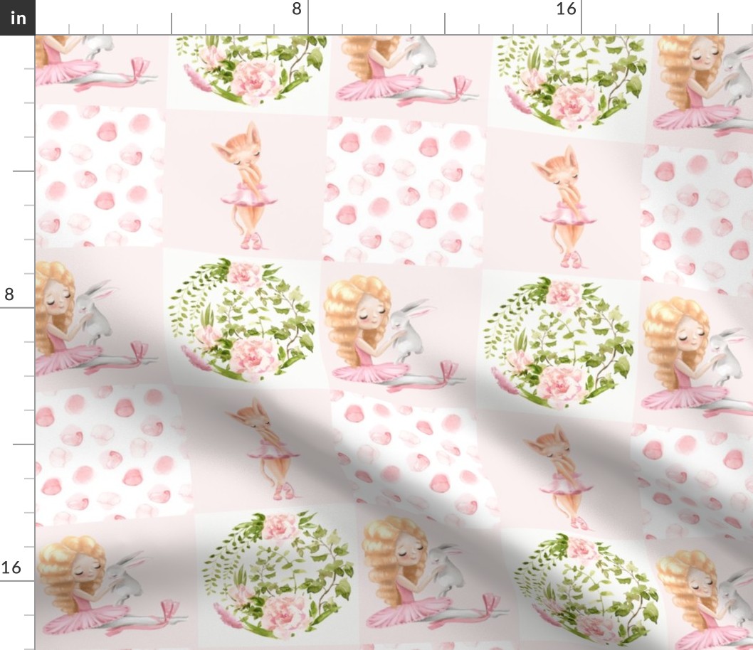 8" baby girls quilt cheater quilt fabric - ballerina and cats flower fabric, baby fabric, cheater quilt fabric