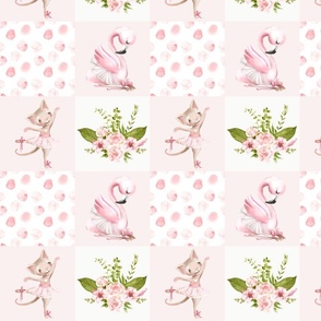 8" Ballett Dance - Little Ballerinas and Cute Animals Patchwork - baby girls quilt cheater quilt fabric - spring animals flower fabric, baby fabric, cheater quilt fabric 
