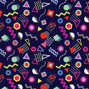 Trendy geometric shapes. Memphis Style. Colorful & Navy.