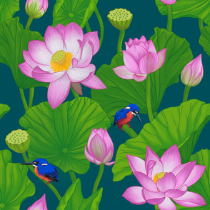 Large Scale Pink Lotus Flowers Amongst Lily Pads