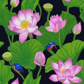 Pink Lotus Flowers & Lily Pads - Black Large