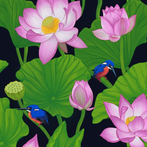 Pink Lotus Flowers & Lily Pads - Black Medium Size