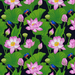 Pink Lotus Flowers & Lily Pads - Black Smallest Size