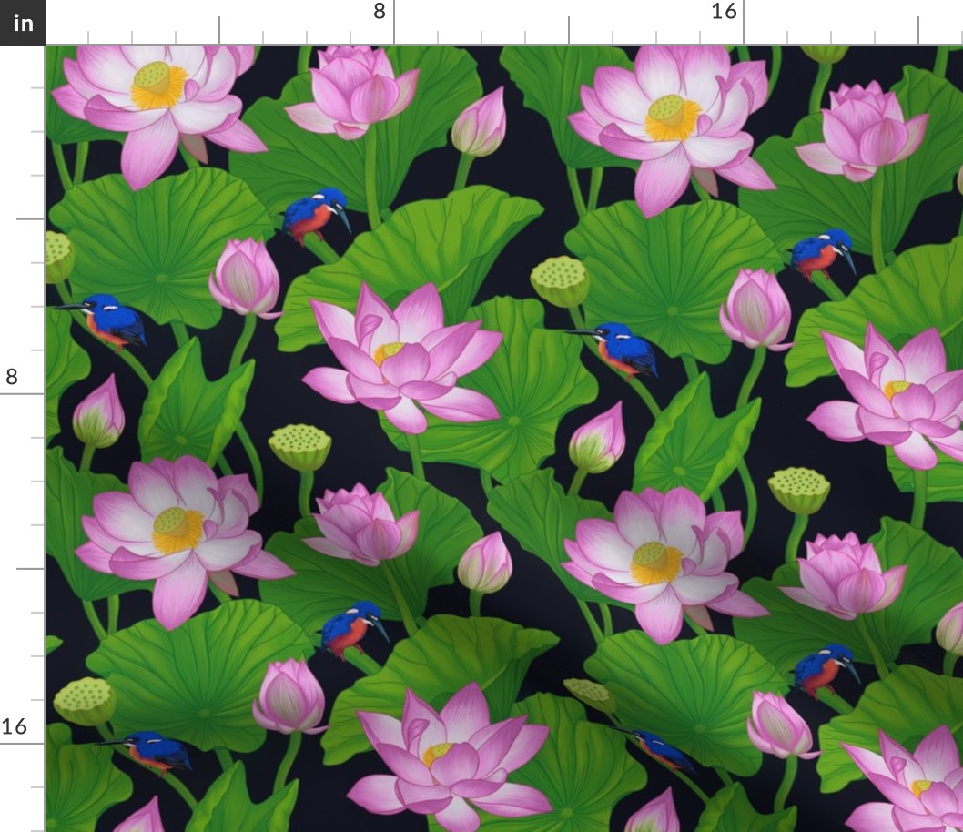 Pink Lotus Flowers & Lily Pads - Black Smallest Size