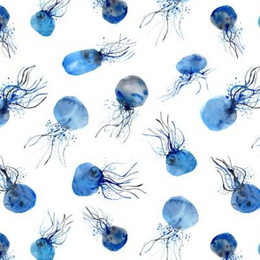 Watercolor jellyfish in cobalt blue and grey