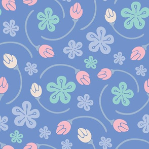 Blossoms Tossed Ditsy Summer Floral Botanical in Pastel Blue Green Pink White on Blue - UnBlink Studio by Jackie Tahara