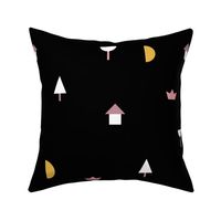 Night in the village little moon geometric city abstract tree boat and house design girls pink yellow black LARGE