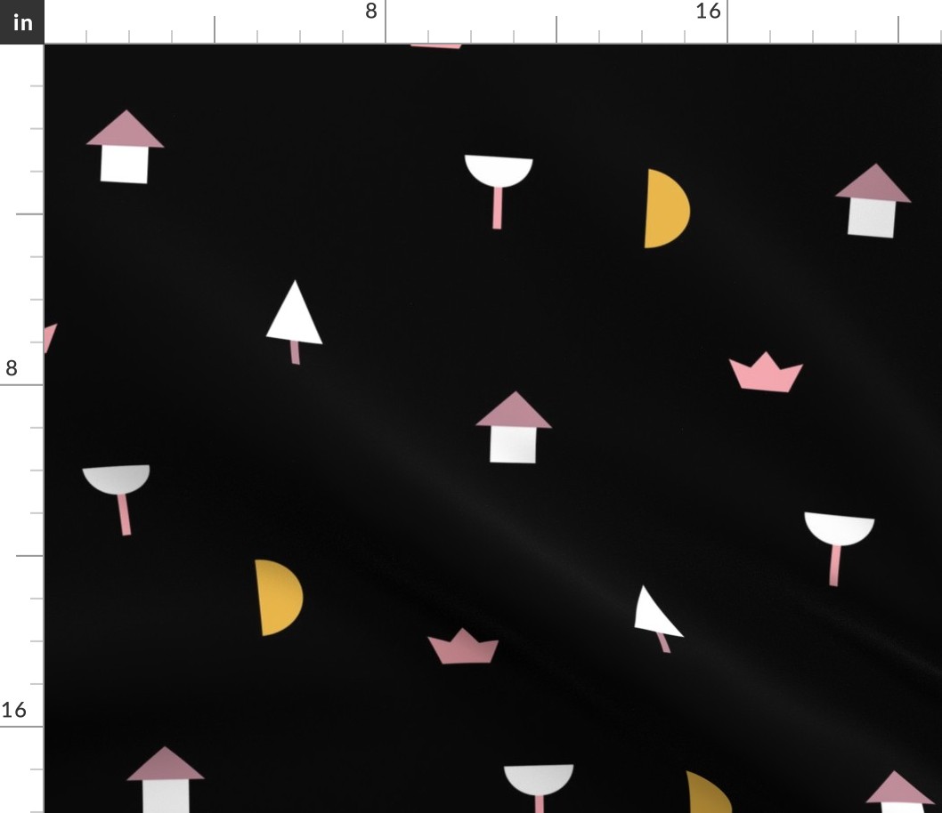 Night in the village little moon geometric city abstract tree boat and house design girls pink yellow black LARGE