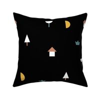 Night in the village little moon geometric city abstract tree boat and house design boys blue yellow black LARGE