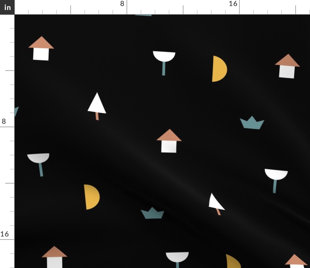 Night in the village little moon geometric city abstract tree boat and house design boys blue yellow black LARGE