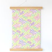 Flutter Spring Floral Botanical Butterflies in Pastel Pink Purple Green Orange on Yellow - UnBlink Studio by Jackie Tahara