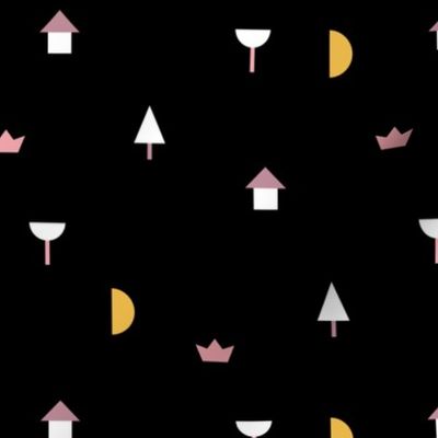 Night in the village little moon geometric city abstract tree boat and house design girls pink yellow black