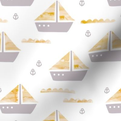 Watercolor sailing boat under water ocean life marine anchor boats mustard gray gender neutral